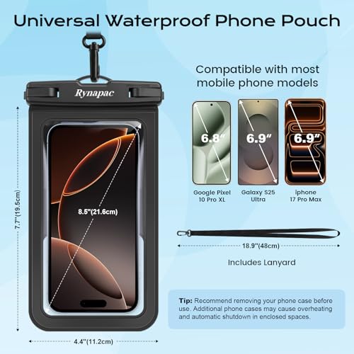 Rynapac Waterproof Phone Pouch [Up to 8.5"] - 2 Pack, IPX8 Waterproof Phone Case with Lanyard for iPhone 17 16 15 Pro Max, Touchscreen & Photograph, Cellphone Dry Bag for Beach Cruise Essentials 2026 - color: [Black + Black]