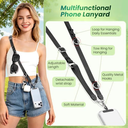 takyu Multifunctional Phone Lanyard, 3 in 1 Cell Phone Detachable Adjustable Crossbody Strap & Neck Lanyard & Wrist Lanyard with 2x Tether Tab for Most Smartphones, Outdoor Travel Essential Black - color: Blackx1