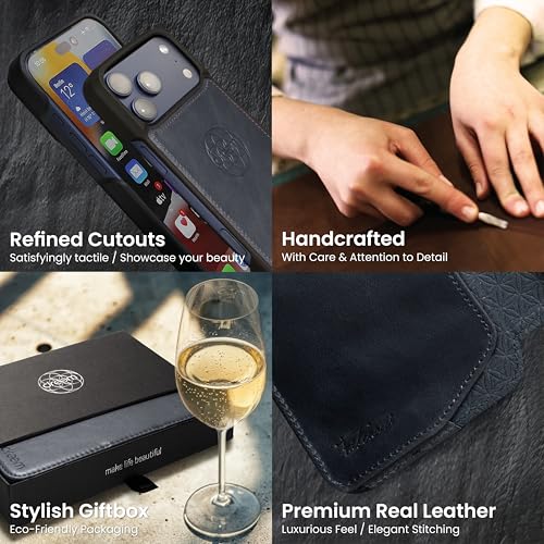 Dreem Real Leather Magnetic Detachable Wallet Case for iPhone 17 Pro | Revolutionary Vert/Hor Phone Stand, RFID Blocking Card Holder Flip Cover, MagSafe-Fit, Gift Box [Fibonacci: Graphite Blue]