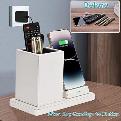 Wireless Charger with Desk Organizer, Wireless Charging Station for iPhone 14/14 Pro/13/12/11/Samsung Galaxy S23/S22/S21/S20/Note 20/Note 10, Charging Stand with Leather, White - color: White