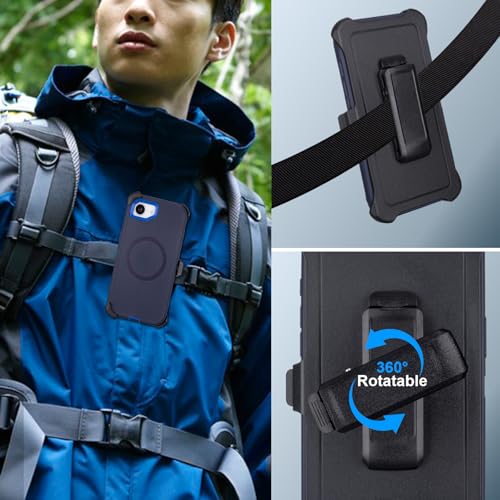 Phone Case for iPhone 16e Magnetic Case with Clip & 360°Rotating Kickstand | Compatible with MagSafe, Heavy Duty Drop Protection, Rugged Shockproof Protective Case for iPhone 16e Case with Kickstand - color: Navy+Blue