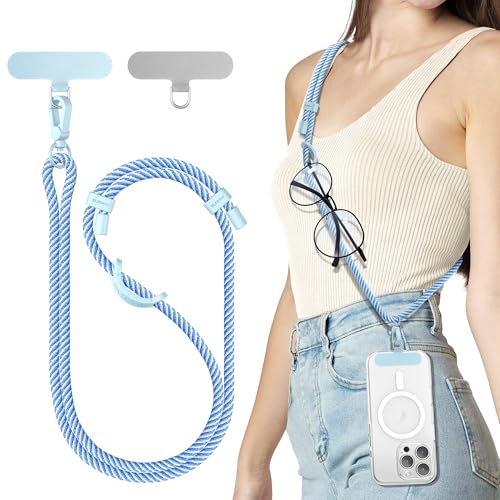 SURPHY Phone Lanyard, Adjustable Phone Strap Crossbody with 2 Pack Phone Tether Tab, Premium Metal Buckles and Two-Color Braided Cell Phone Lanyard Crossbody for Women and Men, Deep & Light Blue - color: Deep Blue + Light Blue