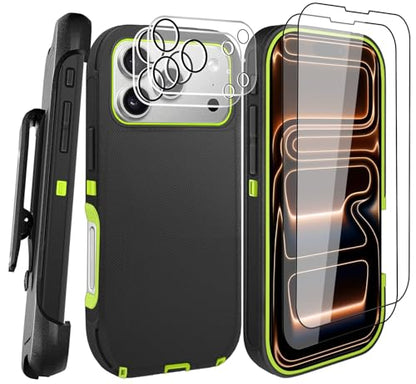 for iPhone 17 Pro Max Case with 2 Camera Lens Protector & 2 Screen Protector, Heavy Duty Full Body Protective Phone Case 6.9" (Belt Clip,Blackgreen) - color: 17 Pro Max-Belt Clip+BlackGreen