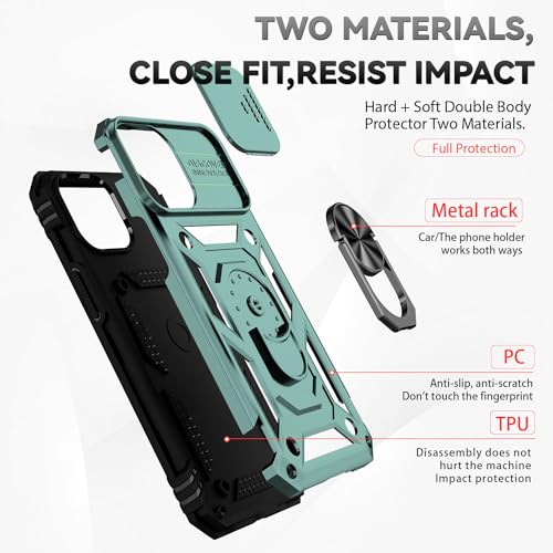 for iPhone 12/ iPhone 12 Pro Case with Camera Lens Cover, Green | HD Screen Protector, 16 FT Military Grade Drop Protection, Magnetic Kickstand Rugged Shockproof Protective Cove - color: Green