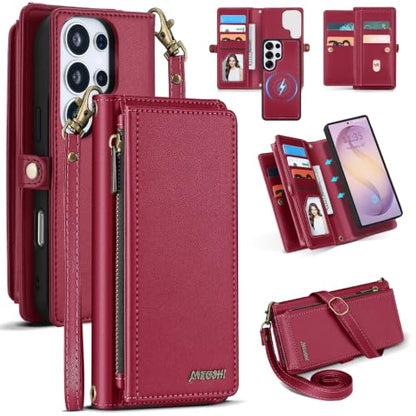 for Samsumg Galaxy S25 Ultra Wallet Case, Detachable Magnetic Shockproof Phone Case,Faux Leather Crossbody Wallet,with RFID Blocking，Zipper Card Holder，Shoulder Strap (Red) - color: Red, size: Samsumg Galaxy S25 Ultra