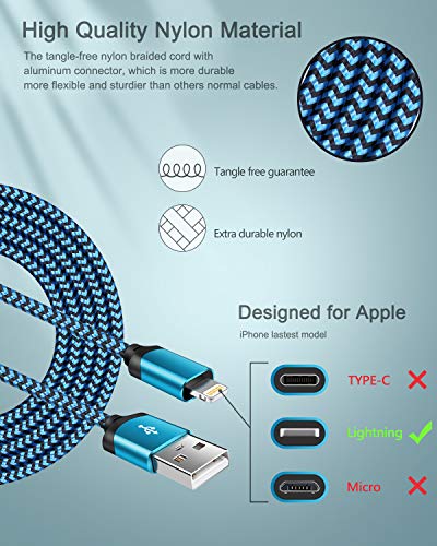 AILKIN iPhone Chargers Apple MFI Certified 6Ft Long Braided Lightning Cable - color: Blue, style: Lightning