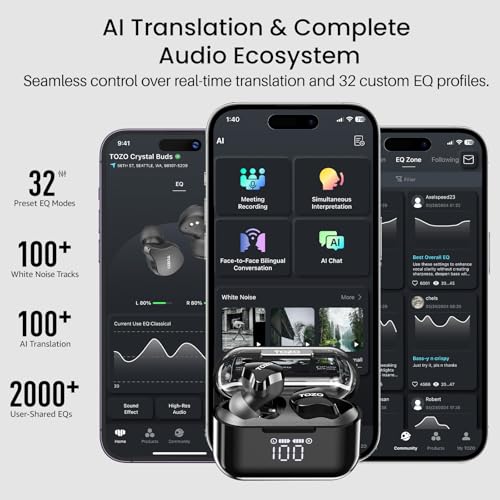TOZO T18 AI Translation Wireless Earbuds Realtime IPX8 Bluetooth Headphones - color: Dark Black