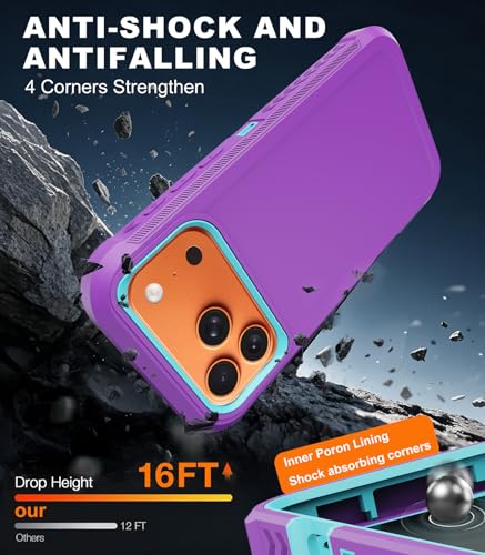 for iPhone 17 Pro Max Case with Belt Clip Holster,[Compatible with MagSafe]w/Screen Protector,Anti-Drop Shockproof Heavy Duty Protective Rugged Magnetic Phone Cover,with 360°Rotating Kickstand (Purple - color: Purple