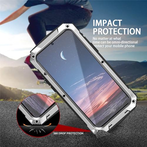 Simicoo Compatible with Samsung Galaxy S24 Ultra Metal Bumper Heavy Duty Case with Stand Gorilla Glass Camera Cover Hybrid Durable Military Rugged Shockproof Rugged Full Body Men(Silver) - color: Silver, size: Samsung S24 Ultra