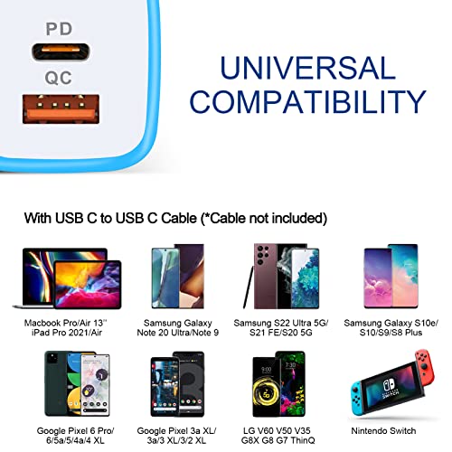 USB C Wall Charger, 2-Ports 20W USB A and USB C Charger Block [PD/QC 3.0] - color: rose-red,blue,purple