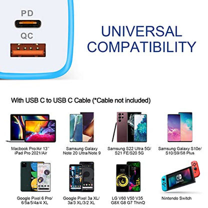 USB C Wall Charger, 2-Ports 20W USB A and USB C Charger Block [PD/QC 3.0] - color: rose-red,blue,purple