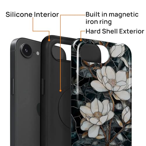 Magnetic Case for iPhone 16e, Compatible with Magsafe,PC Hard Shell & Silicone Inner Bumper, Anti-Scratch Full-Body Cover Shockproof Slim Design - Stained Glass Unique Magnolia - color: Stained Glass Unique Magnolia, size: iPhone 16e