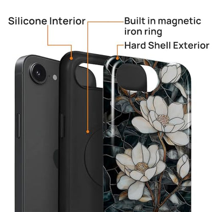 Magnetic Case for iPhone 16e, Compatible with Magsafe,PC Hard Shell & Silicone Inner Bumper, Anti-Scratch Full-Body Cover Shockproof Slim Design - Stained Glass Unique Magnolia - color: Stained Glass Unique Magnolia, size: iPhone 16e