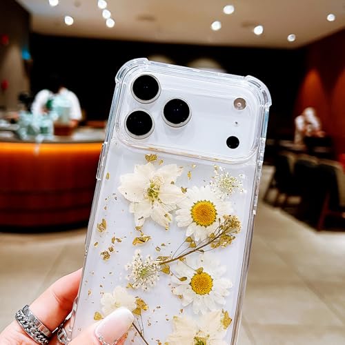 Compatible with iPhone 17 Pro Max Case Clear Cute Real Flowers | Handmade Natural Pressed Dried white Flower Gliter Soft TPU Slim Protective phone cover for iphone 17 Pro Max - color: White Flower, size: iphone 17 Pro Max