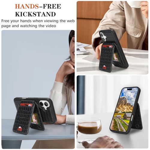 Ｈａｖａｙａ Leather Wallet Case for iPhone 16 - Jet Black | Crocodile-textured leather, detachable wallet, 5-card slots & kickstand, MagSafe 15W fast charge, raised bezels - color: Jet Black