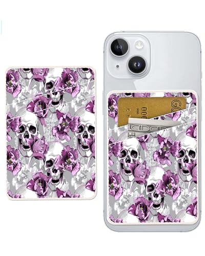 Dual Pocket Leather Phone Wallet Adhesive Stick On, Cute & Cool Skull Flower Card Holder - color: Cool Skull Flower