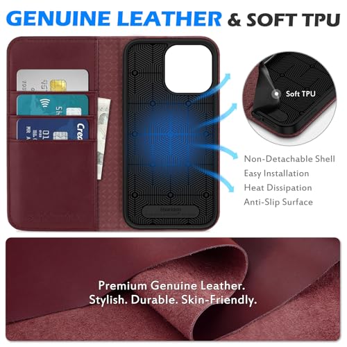 SHIELDON Genuine Leather Case Wallet for iPhone 15 Pro Max 6.7", Wine Red | Folio Magnetic Closure, RFID Blocking, Credit Card Holder, Kickstand, Shock Absorbing Protective Cover - color: Wine Red