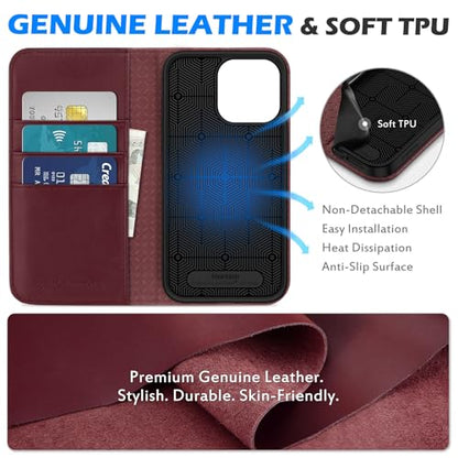 SHIELDON Genuine Leather Case Wallet for iPhone 15 Pro Max 6.7", Wine Red | Folio Magnetic Closure, RFID Blocking, Credit Card Holder, Kickstand, Shock Absorbing Protective Cover - color: Wine Red