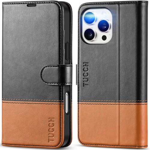 TUCCH Case Wallet for iPhone 16 Pro Max, RFID Blocking Folio, Black & Brown | 4 Card Holders, Kickstand, PU Leather, Magnetic Closure, Shockproof TPU Shell, Protective Flip Cover - color: Two-tone Black & Brown
