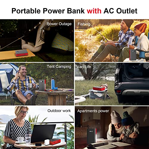 Portable Power Bank with AC Outlet, 65W 110V Portable Laptop Charger Backup - color: Red Grey