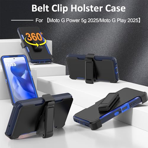 Rugged Phone Case for Moto G Power 5G 2025/Moto G Play 2025, with Belt Clip Holster & Kickstand Heavy Duty Shockproof Protective Full Body Case (Blue) - color: Blue