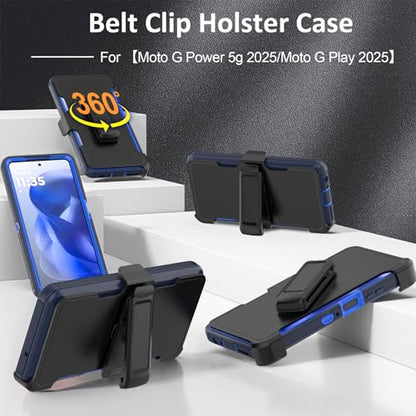 Rugged Phone Case for Moto G Power 5G 2025/Moto G Play 2025, with Belt Clip Holster & Kickstand Heavy Duty Shockproof Protective Full Body Case (Blue) - color: Blue