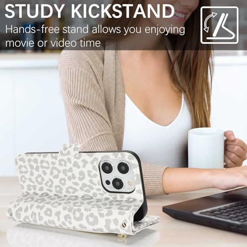 for iPhone 15 Pro Wallet Case for Women,for iPhone 15 Pro Case with Strap Crossbody Lanyard,PU Leather Shockproof Card Holder Stand Zipper Pocket Flip Phone Case-White Leopard - color: White Leopard