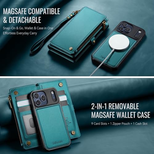Defencase for iPhone 17 Pro Max Case Wallet Compatible with Magsafe, Green | Drop-Proof Magnetic Detachable Phone Cases Cover, with RFID Bolcking Card Holder, Zipper Strap, PU Leather, Removable Wallet - color: (Detachable with Magsafe)-Blue Green