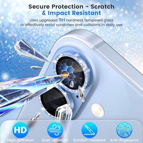 imluckies Glitter Camera Lens Protector for iPhone 17 6.3", [AR+AF] HD Clear Tempered Glass Lens Cover, 9H Scratch Resistant Individual Metal Shiny Ring, Case Friendly & Easy Install, Bling Blue - color: Bling Blue