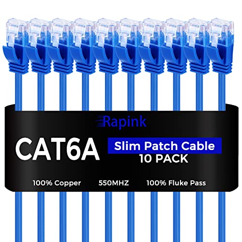 Rapink Patch Cables Cat6a 10ft (10 Pack) Slim, Cat6a Ethernet Patch Cable 10G Support, Snagless Cat 6 Patch Cable for Patch Panel to Switch, Flexiable Cat 6a Ethernet Cable with Gold Plated - size: 10ft