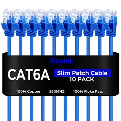 Rapink Patch Cables Cat6a 3ft (10 Pack) Slim, Cat6a Ethernet Patch Cable 10G Support, Snagless Cat 6 Patch Cable for Patch Panel to Switch, Flexiable Cat 6a Ethernet Cable with Gold Plated - size: 3ft