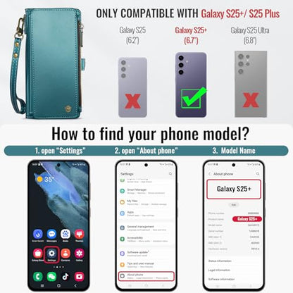 Defencase for Samsung Galaxy S25+/Plus Wallet Case with Card Holder, Green | with RFID Blocking Zipper Pocket, Durable PU Leather, Wrist Strap, S25 Plus Flip Phone Cases Cover with Stand for Women Men - color: Blue Green