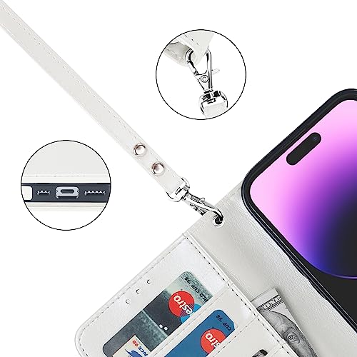 Bocasal Detachable Wallet Case Card Holder for iPhone 14 Pro, White | RFID Blocking Kickstand Card Slots Holder PU Leather Magnetic Shockproof Wrist Strap Removable Flip Protective Cover 6.1 inch - color: White
