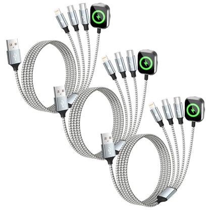 Travel Essentials 4in1 Multi Charging Cable for iPhone Watch Charger 3PK5FT - color: Light Grey Silver, size: AC to 2C+L+iWatch