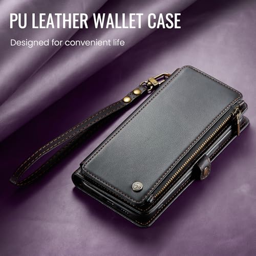 Defencase for iPhone 16 Pro Max Wallet Case with RFID Card Holder, Black | Durable Soft PU Leather, with Zipper Pocket, Wrist Strap, Fashion Snap Flip Phone Cases Cover with Stand for Women and Men - color: Black