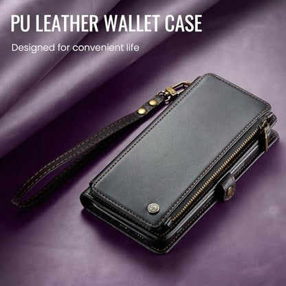 Defencase for iPhone 14 Wallet Case with RFID Blocking Card Holder, Black | Durable Soft PU Leather, with Zipper Pocket, Wrist Strap, Fashion Snap Flip Phone Cases Cover with Stand for Women and Men - color: Black