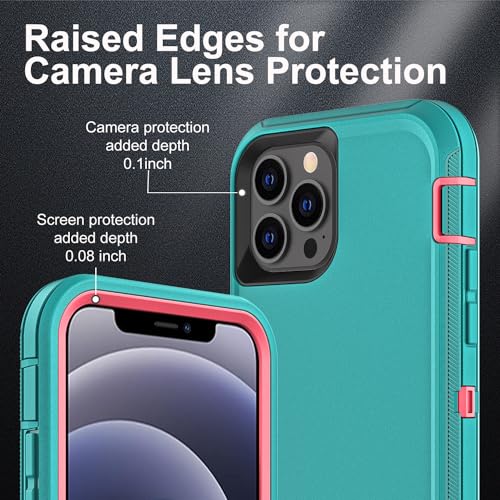YKHJKLEC for iPhone 12/12 Pro Case, Military Grade 3 in 1 Heavy Duty Shockproof/Drop Proof/Dust Proof with 2Pcs Tempered Glass Screen Protector (Aqua Blue/Pink) - color: Aqua Blue/Pink
