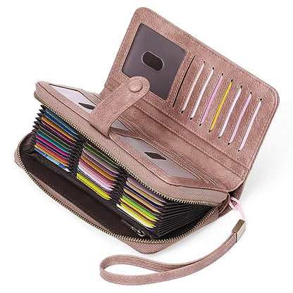 GAEKEAO Leather Credit Card Holder Wallet for Women RFID Blocking Large Capacity Bifold Zipper Card Case Organizer with Wristlet 45 Slots - color: Pink