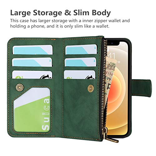 iCoverCase for iPhone 12 Mini Wallet Case with Card Holder and Wrist Strap, PU Leather Kickstand Card Slots Zipper Pocket Magnetic [Detachable] Flip Cover Case 5.4 Inch (Green) - color: Green