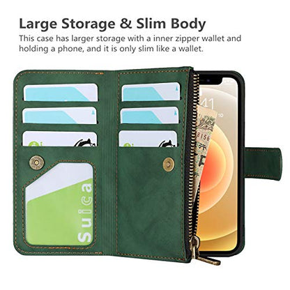 iCoverCase for iPhone 12 Mini Wallet Case with Card Holder and Wrist Strap, PU Leather Kickstand Card Slots Zipper Pocket Magnetic [Detachable] Flip Cover Case 5.4 Inch (Green) - color: Green