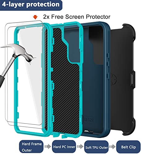 for Samsung Galaxy S22 Case with Belt Clip Holster, 2X Screen Protector, [Military Grade Protection] Heavy Duty Full Body Shockproof Dust-Proof Rugged Protective Cover for Samsung S22 5G Turquoise - color: Turquoise