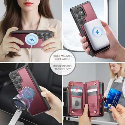 Defencase for Galaxy S26 Ultra Case Wallet Compatible with Magsafe, WineRed | Magnetic Detachable, RFID Bolcking Card Holder, Zipper Strap, PU Leather Drop-Proof Phone Cover for Samsung Galaxy S26 Ultra - color: (Detachable with Magsafe)-Wine Red