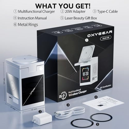 7-in-1 Magnetic Wireless Charging Station with Bluetooth Speaker & 2.4" Touchscreen, 15W Fast Charging Dock for iPhone 18-12 Series, iWatch & AirPods, Alarm Clock, White Noise for Desk, 20W Adapter - color: Silver-S5