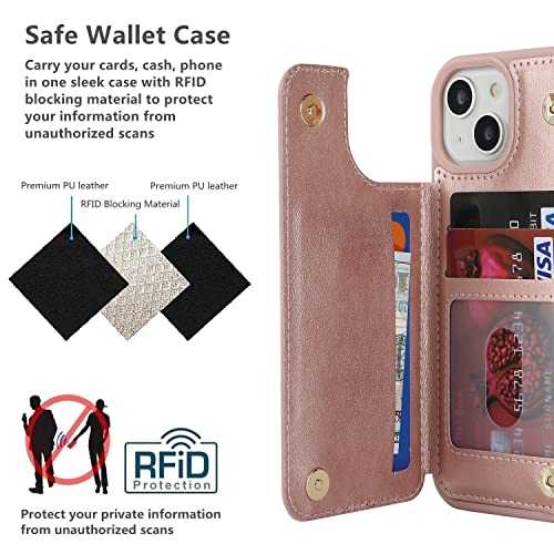 iCoverCase Compatible with iPhone 14 Case with Card Holder, Wallet Case for Women Men RFID Blocking PU Leather Protective Phone Case 6.1 Inch (Rose Gold) - color: Rose Gold