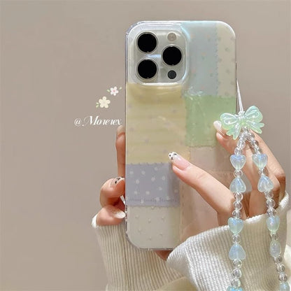 for iPhone 14 pro Case, Pastel Patchwork Phone Cover with Crystal Heart Beaded Strap & Bow Charm, Cute Kawaii Clear Protective Case for Women Girls(Lanyard+Phone case, iphone14pro) - size: iphone14pro