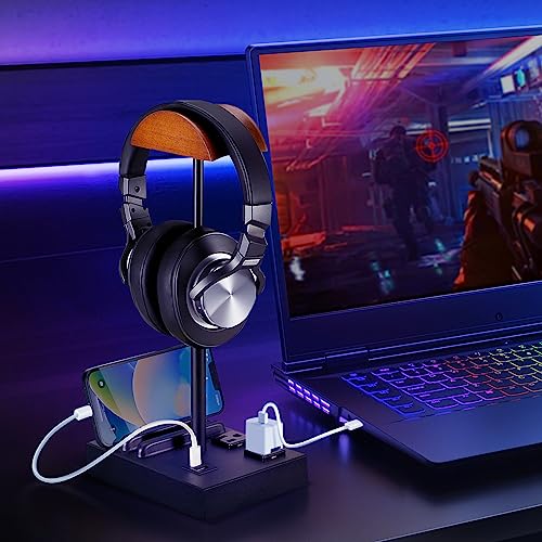 CASTLELIFE Headphone Stand Desktop Gaming Headset Holder with 2 AC Outlets and USB C&A Ports, Charging Station&Phone Stands, Wood Earphone Table Game Accessories for Desktop Gamer, Black