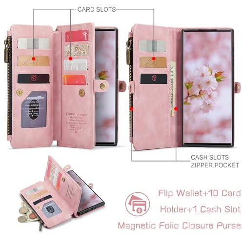 Defencase for Samsung Galaxy S22 Ultra Wallet Case with Card Holder, Pink | Durable PU Leather, with RFID Blocking Zipper Pocket, Wrist Strap, S22 Ultra Flip Phone Cases Cover with Stand for Women Men - color: Airy Rose Pink