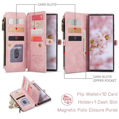 Defencase for Samsung Galaxy S22 Ultra Wallet Case with Card Holder, Pink | Durable PU Leather, with RFID Blocking Zipper Pocket, Wrist Strap, S22 Ultra Flip Phone Cases Cover with Stand for Women Men - color: Airy Rose Pink