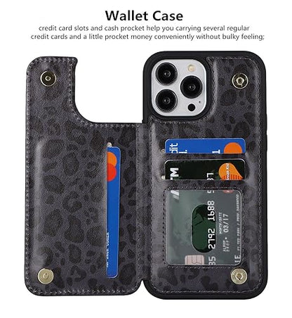 iCoverCase Compatible with iPhone 13 Pro Max Phone Case with Card Holder, Wallet Case for Women Men RFID Blocking PU Leather Protective Case 6.7 Inch (Black Leopard) - color: Black Leopard