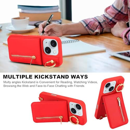 Crossbody Wallet Case for iPhone 11, with Card Slots Zipper Pocket Case, Flip Folio Purse RFID Blocking with Ring Kickstand Detachable Strap-Red - color: Red, size: iPhone 11(6.1")